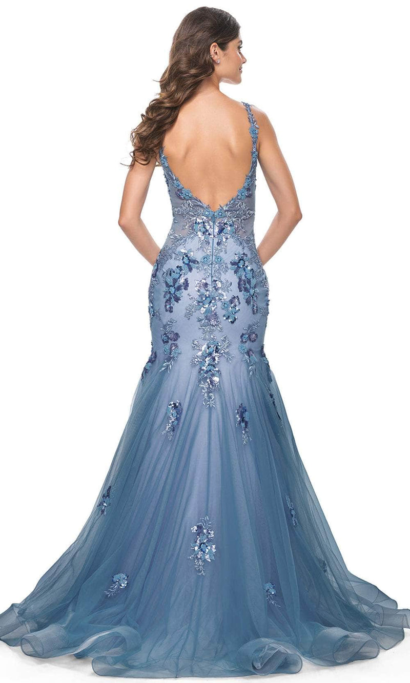 La Femme 32192 Floral Applique Open Back Prom Gown