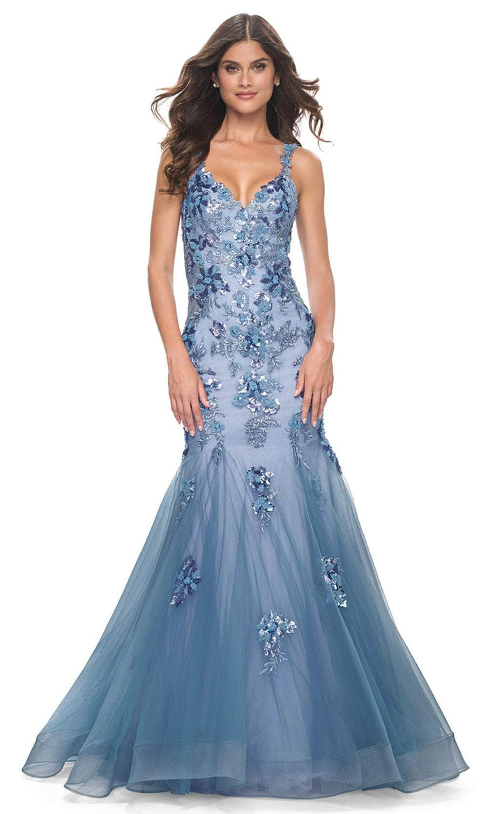 La Femme 32192 Floral Applique Open Back Prom Gown
