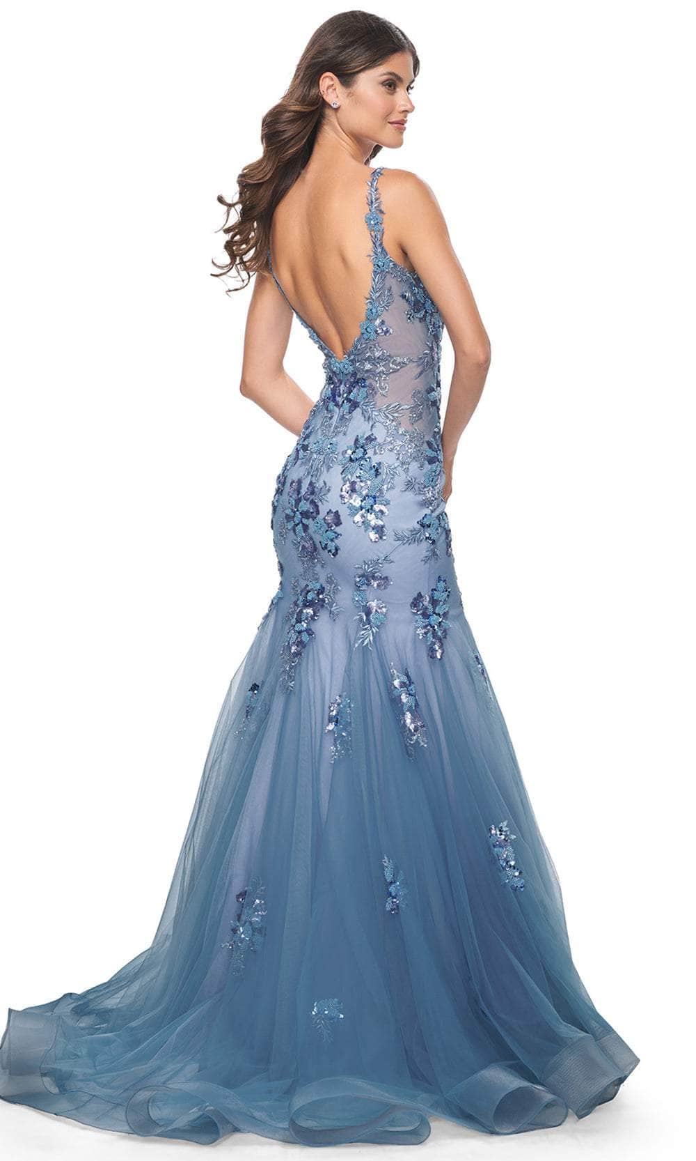 La Femme 32192 Floral Applique Open Back Prom Gown