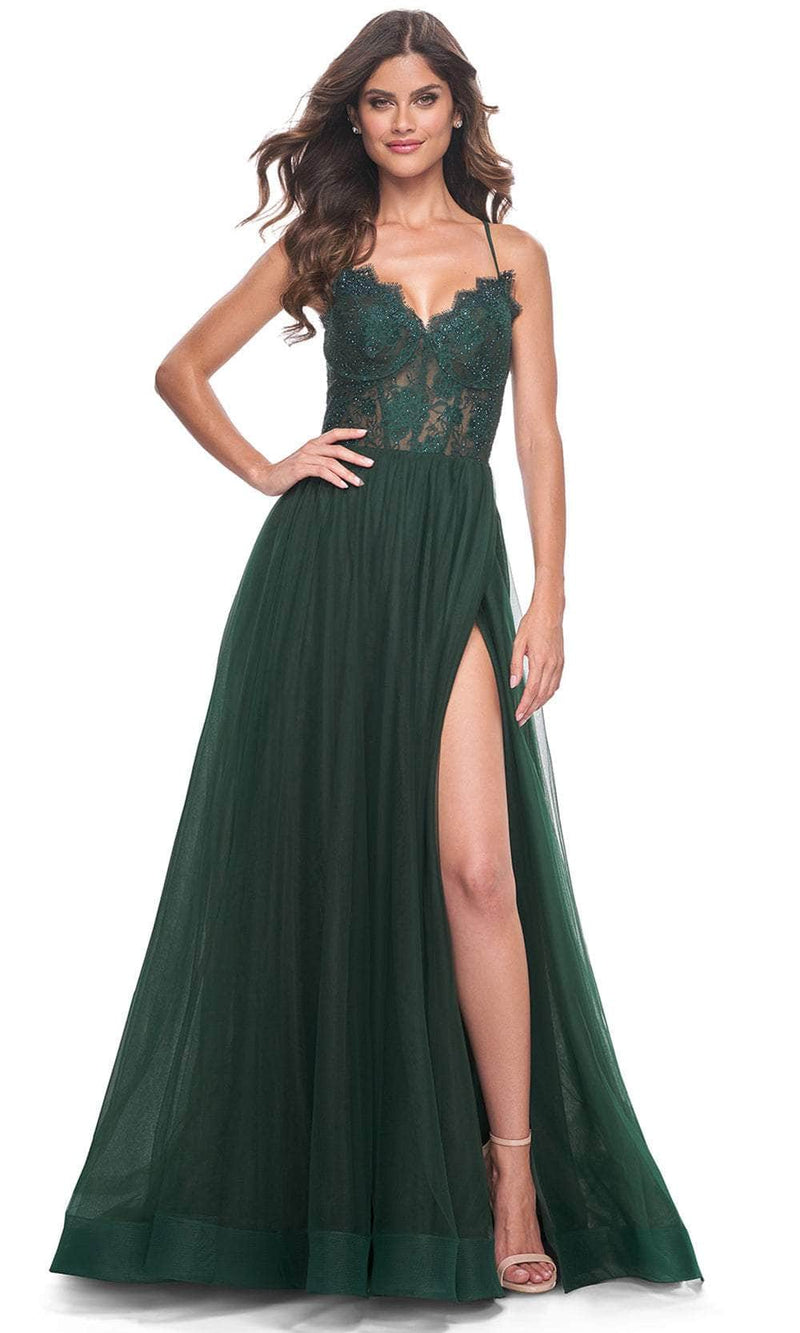 La Femme 32306 V-Neck Sheer Lace Bodice Prom Dress