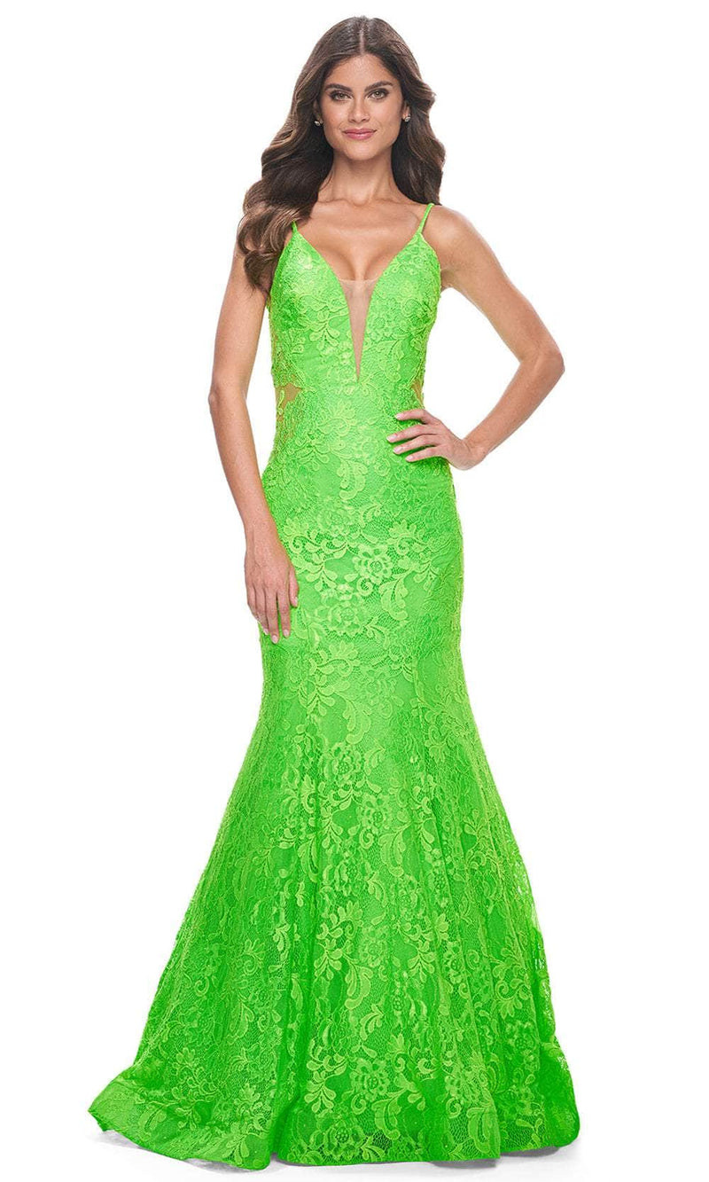 La Femme 32314 Plunging Neckline Floral Lace Prom Gown