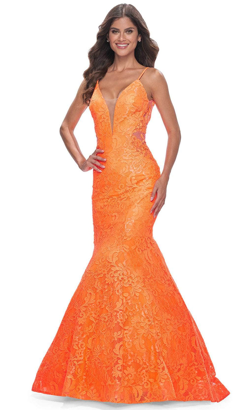 La Femme 32314 Plunging Neckline Floral Lace Prom Gown