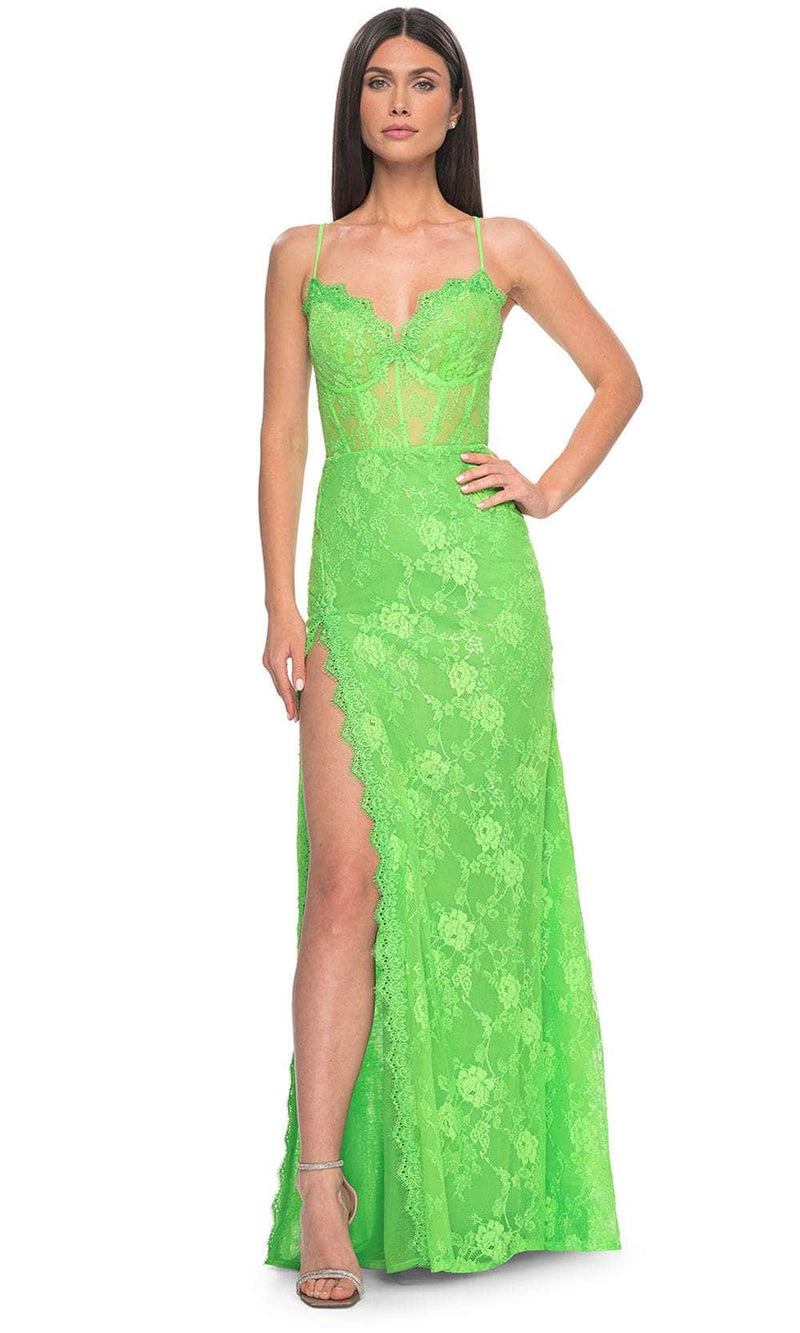 La Femme 32441 Floral Lace V-Neck Neon Prom Gown