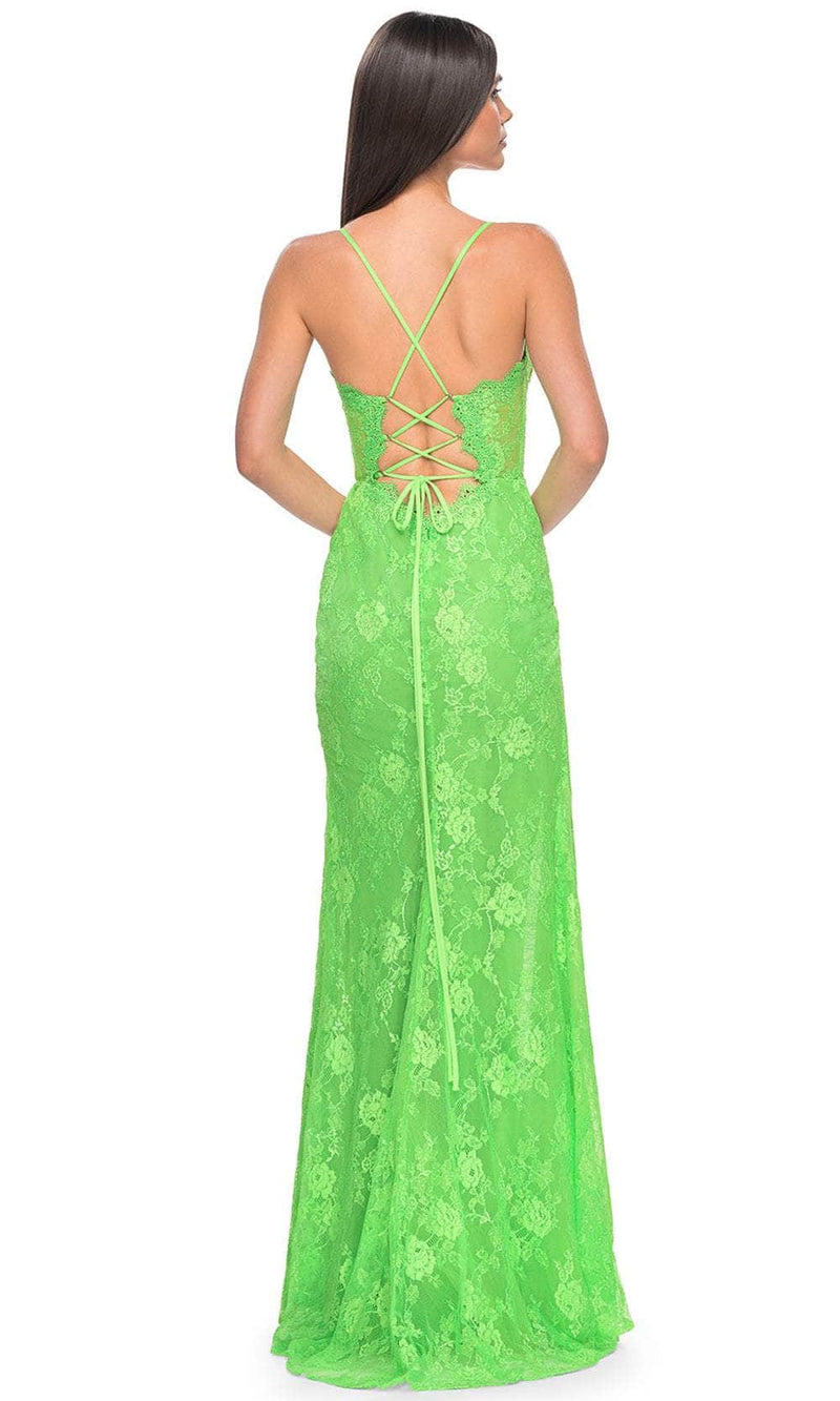 La Femme 32441 Floral Lace V-Neck Neon Prom Gown