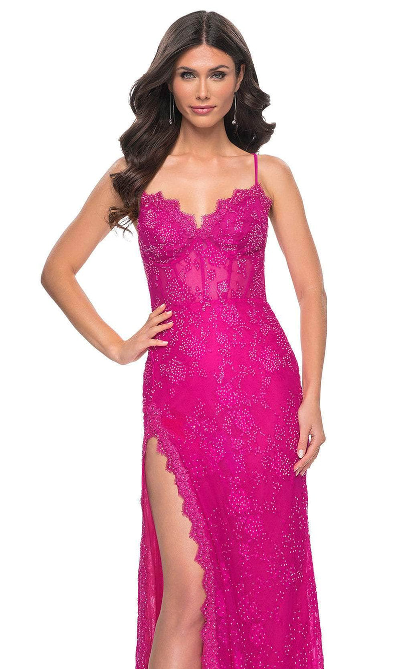 La Femme 32441 Floral Lace V-Neck Neon Prom Gown