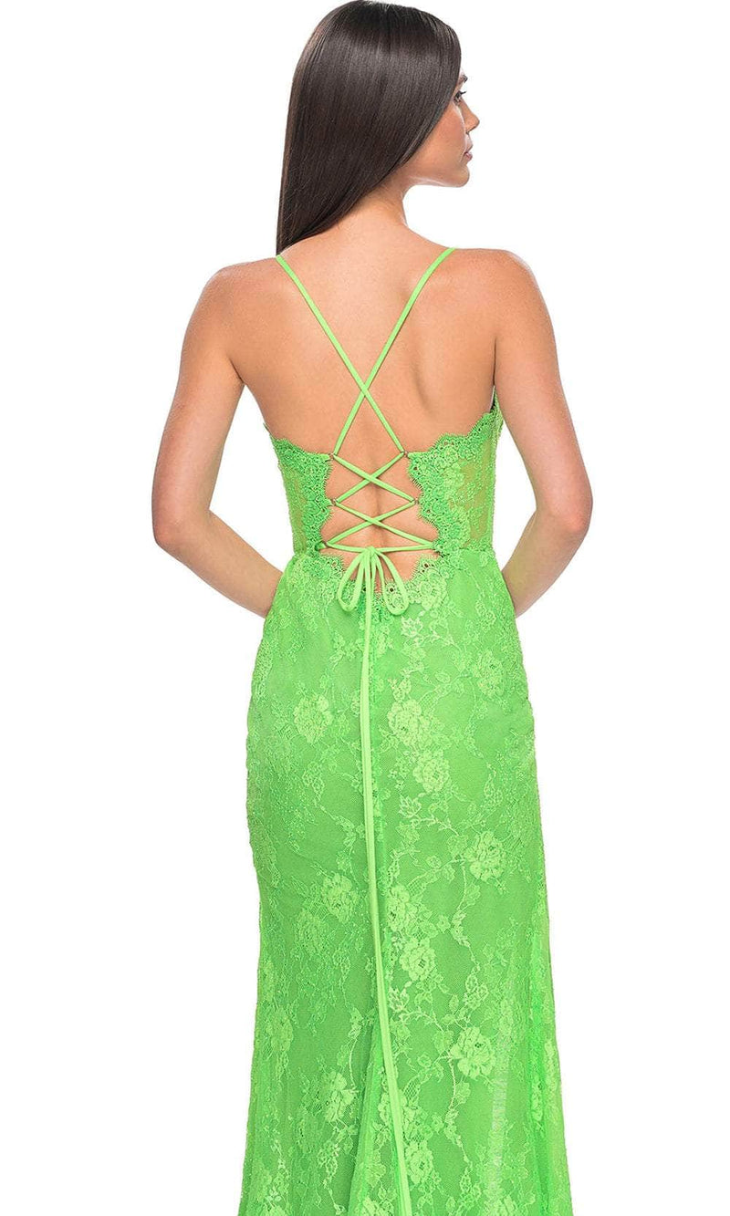 La Femme 32441 Floral Lace V-Neck Neon Prom Gown