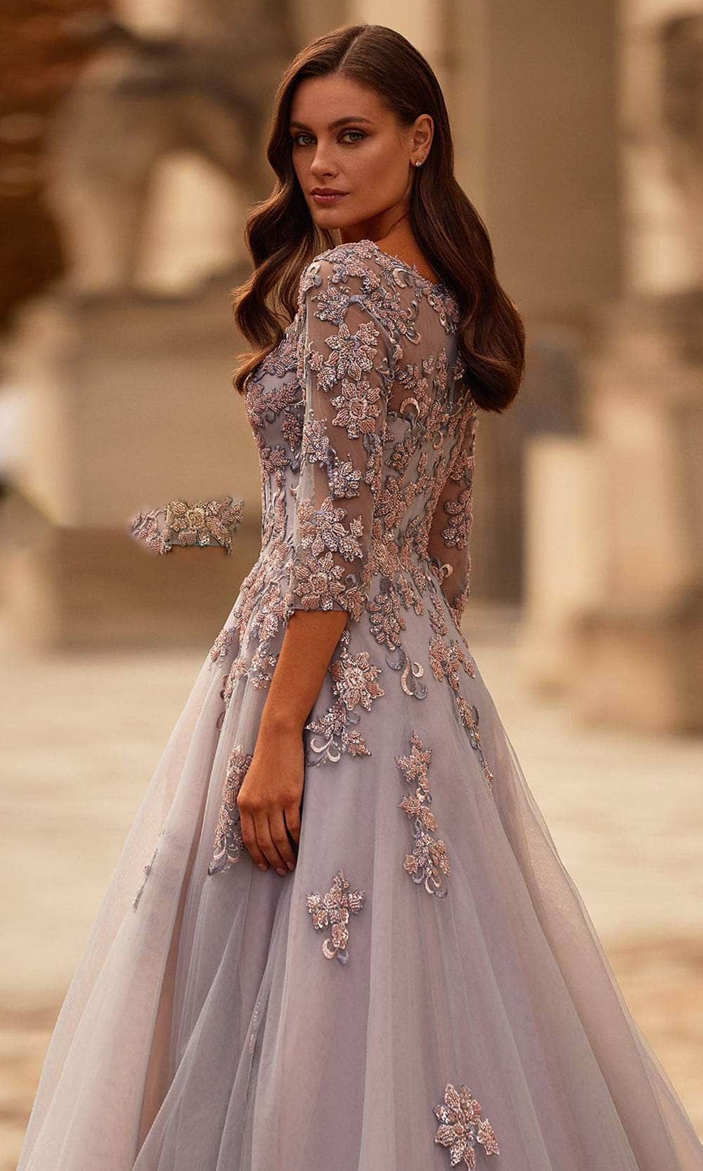 La Femme 32605 Floral Applique A-Line Evening Gown