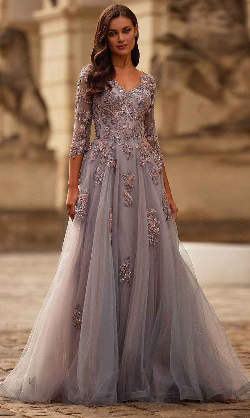 La Femme 32605 Floral Applique A-Line Evening Gown