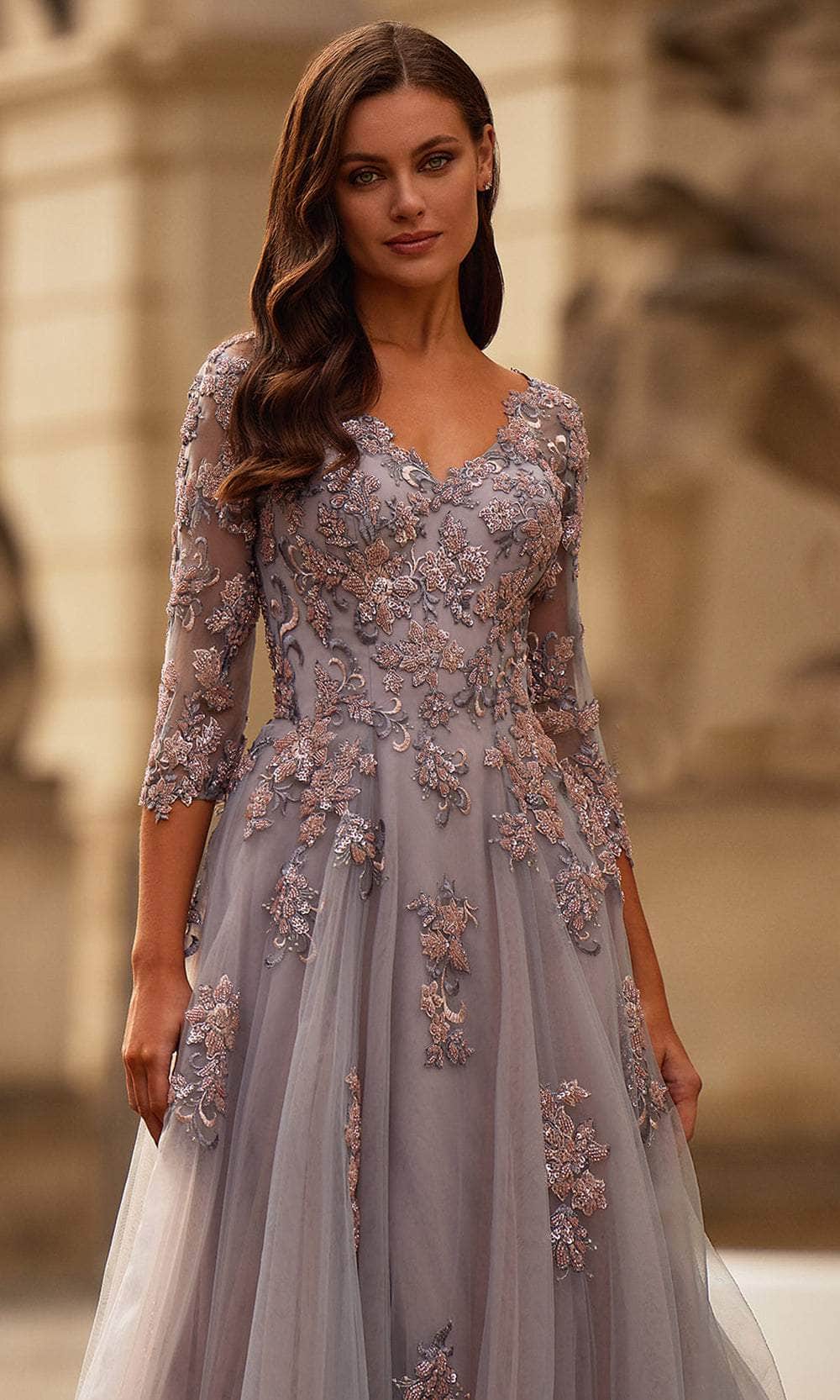 La Femme 32605 Floral Applique A-Line Evening Gown