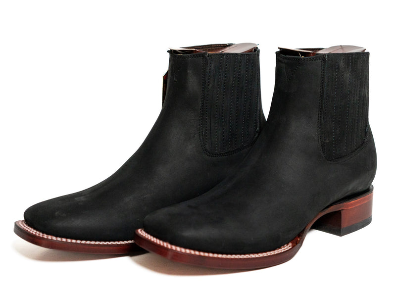 Los Altos Men's Boot Wide Square Toe Nobuck Black Leather Sole - Nobuck Black