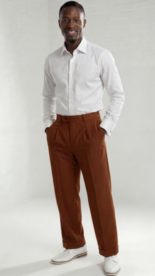 Mens Wide Leg Pants Classic Fit Pleated Pants in Color "Cognac" 20.5 inch bottom Pants come lined to the knee.