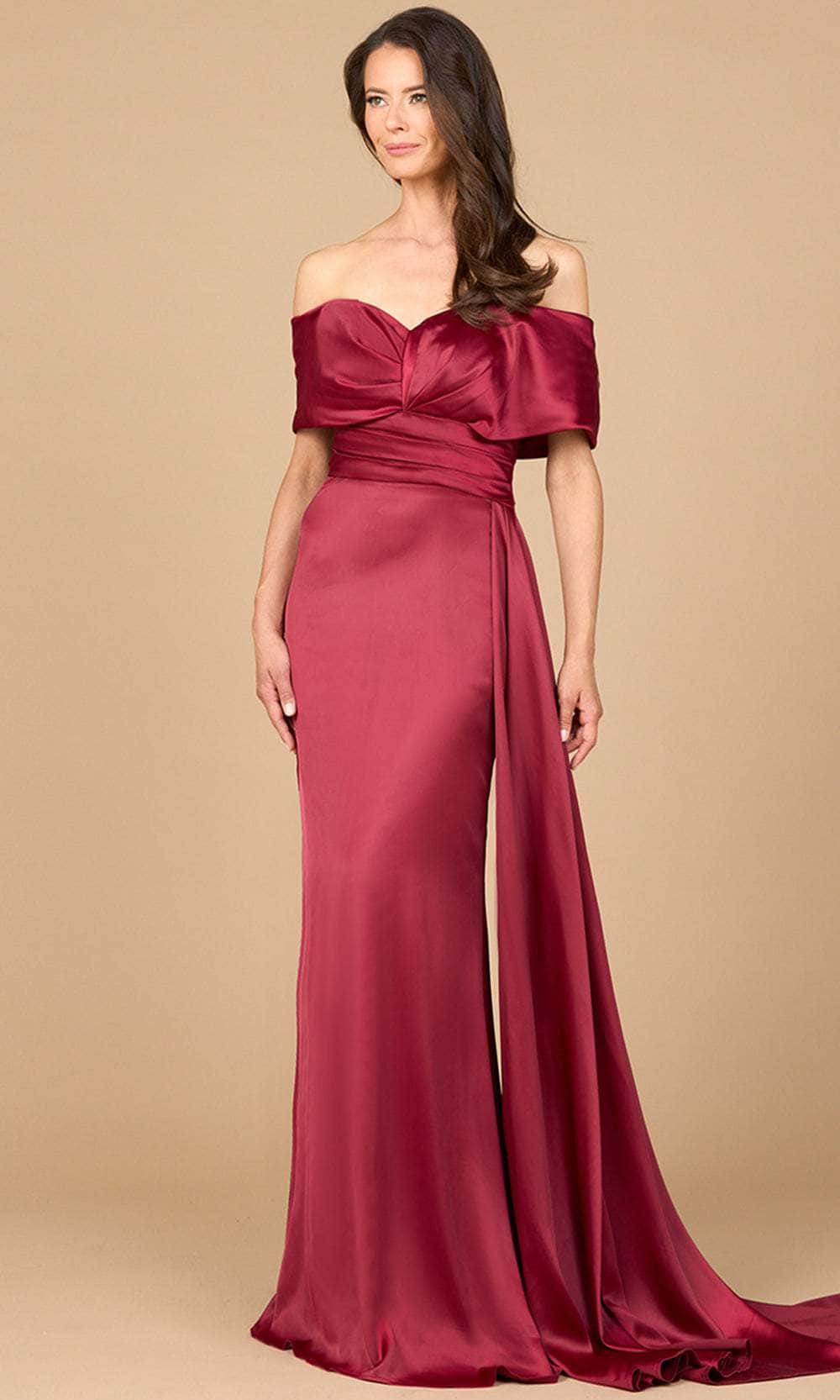 Lara 28945 Off Shoulder Satin Formal Dress Long Side Cape Mother of the Bride Dress
