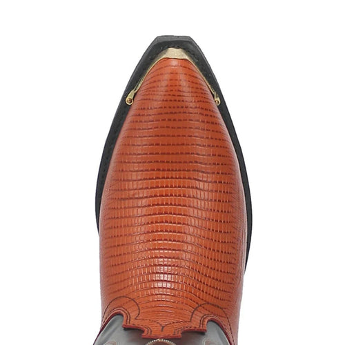 Dan Post men's Dorsal boots. Square toe, brown fish leather upper with textured pattern. Pointed toe. Black leather outsole.
