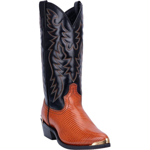 Dan Post men's Dorsal boots: Genuine fish leather construction with a square toe. Brown fish leather body, black leather upper with ornate stitching. Metallic toe cap, block heel for stability.
