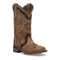 Laredo women's boots: Honey-colored leather with floral embroidery, black accents, and a broad square toe. Tall shaft, smooth finish, and stacked heel for stability.
