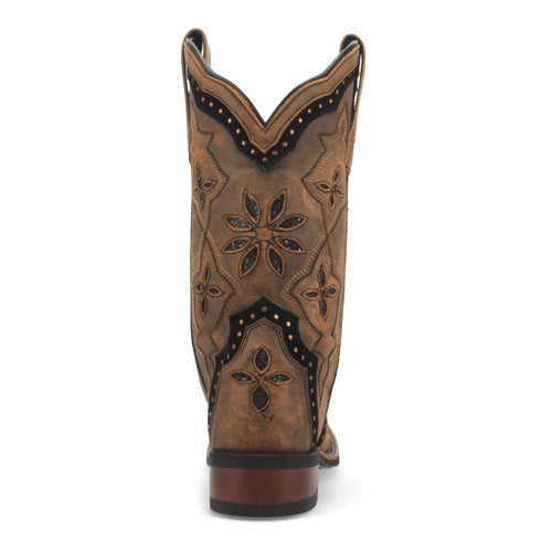 Laredo women's leather boots with a broad square toe. Honey-colored upper, floral stitching & embossed patterns. Pointed yoke back, black accents, stud detailing, and low stacked heel.
