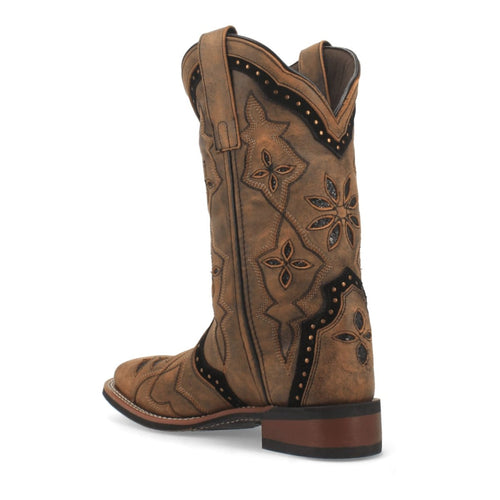 Laredo Women's Bouquet boots: Honey leather, broad square toe, floral stitching, and embellishments. Traditional Western style with a low stacked heel.
