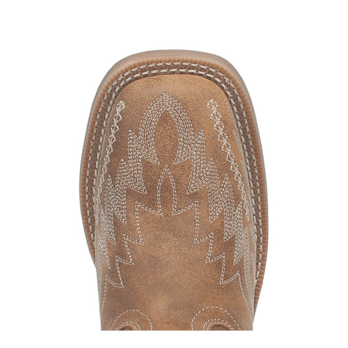 Laredo Cheyenne women's boots: Tan leather upper, broad square toe, and cream embroidery. Detailed stitching showcases craftsmanship.
