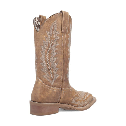 Laredo women's Cheyenne tan leather boots with embroidered floral patterns. Mid-calf height, broad square toe, and stacked heel. Animal print lining at the top.
