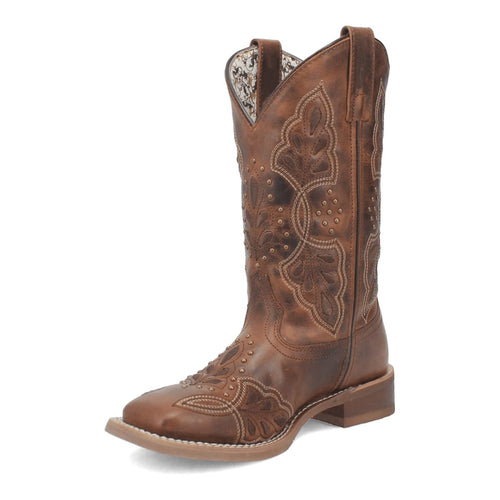 Laredo women's Dionne boots: brown leather, broad square toe. Tall shaft with floral stitching. Stacked block heel.
