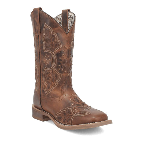 Laredo women's Dionne boots: Brown, distressed leather with floral stitching. Broad square toe, low stacked heel, and side perforations. V-cut top for easy wear. Patterned fabric lining.
