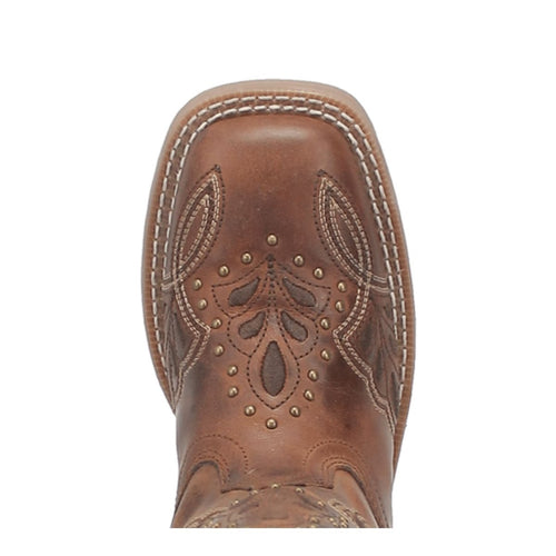 Laredo Dionne boots: Brown leather, broad square toe, decorative stitching & leaf patterns. Gold studs add detail. Stylish and durable design.
