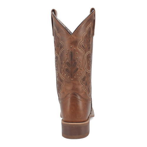 Laredo women's Dionne boots: Brown leather, broad square toe, detailed stitching & embossed patterns. Slightly pointed shaft with angled top. Stacked heel.
