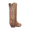 Tan Laredo Emmylee women's boots with a distressed finish. Tall shaft, detailed embroidery, and stacked heel. Features a pointed snip toe and curved top edge.
