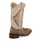 Laredo women's Kite Days boots: Beige leather, broad square toe, tall shaft with sunburst stitching. Brown accents, black sole, moderate flared heel. Leopard print lining.
