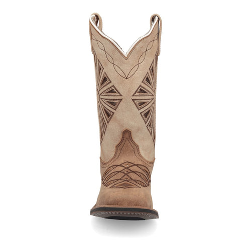 Tan suede Laredo women's Kite Days boots. Broad square toe, brown geometric embroidery on shaft. Slightly raised heel.

