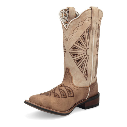 Laredo Women's Kite Days boots: Tan suede exterior with embroidered patterns and square toe. Leopard print lining. Decorative stitching on shaft. Low heel, stitched welt construction.
