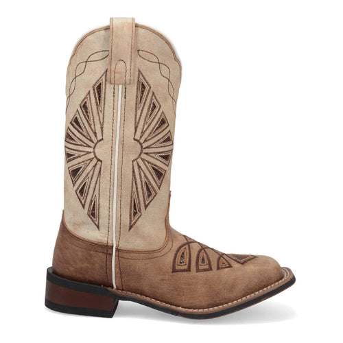 Laredo Kite Days women's boots: Tan leather, broad square toe, decorative upper with brown stitching. Low stacked heel.

