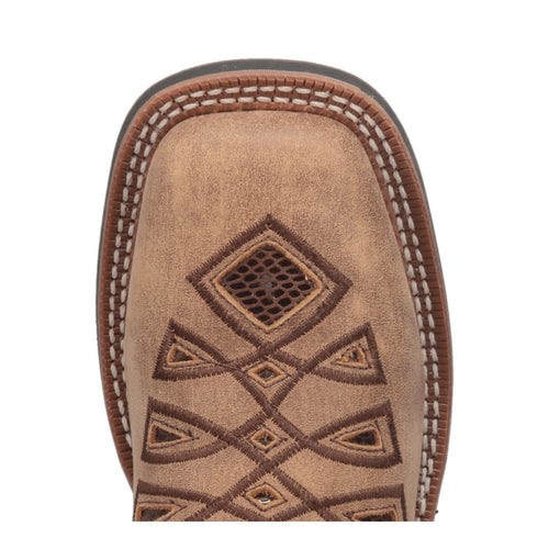 Laredo Kite Days women's boots. Tan leather upper with a textured finish, broad square toe. Intricate diamond stitching in brown thread, contrasting white edge stitching.
