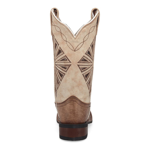 Laredo women's Kite Days boots: Tall, light tan leather shaft with geometric stitching & V-shaped opening. Broad square toe, transitioning to darker brown at base & heel.
