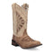 Laredo Kite Days boots: light tan suede, broad square toe, low stacked heel. Dark stitched detail, pull tabs. Leopard print lining adds contrast.
