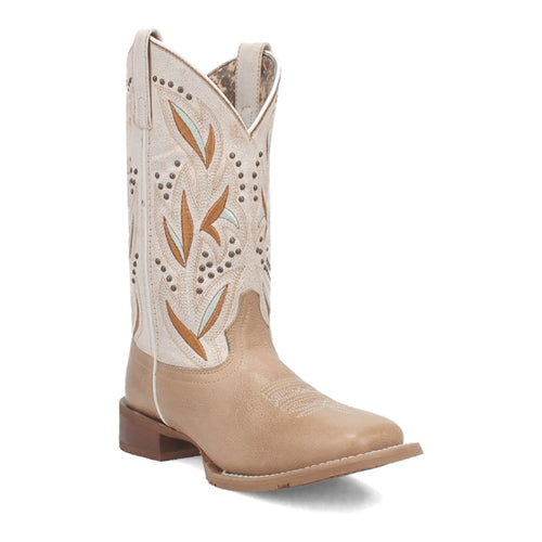 Laredo Lydia boots: Women's broad square toe, tan leather. Textured finish with cream, brown, and blue floral shaft design. Low stacked heel, intricate stitching.
