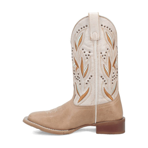Laredo Women's Lydia boots: Tall, tan leather square toe boots. Intricate floral embroidery in brown/blue on a light beige shaft. Decorative sole stitching.
