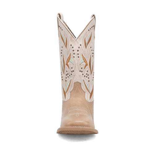 Laredo Lydia women's boots: broad square toe, tall shaft with floral stitching. Earthy tones on a sand-colored leather base.
