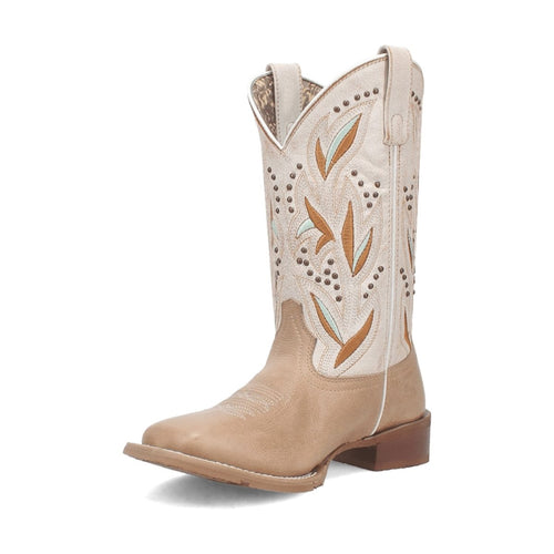 Laredo Lydia women's boots: tan leather, embroidered shaft with brown/teal floral patterns. Broad square toe, low stacked heel.
