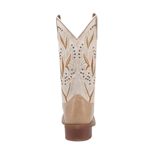 Laredo Lydia boots for women. Tan leather shaft with floral embroidery (brown/blue). Broad square toe. Medium height heel with a rounded base.

