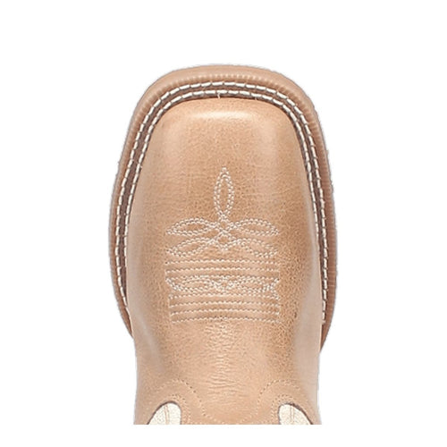 Laredo Lydia women's boots. Sand-colored leather with a broad square toe and embossed pattern. White stitching accents the edges.
