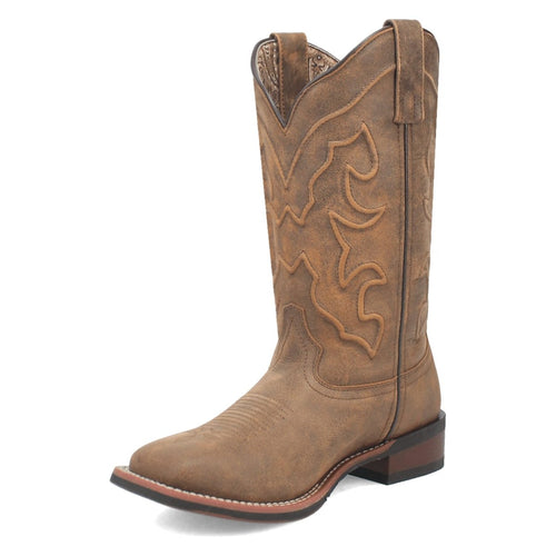 Laredo women's Megan boots: tan leather, broad square toe, low stacked heel. Textured upper with vertical embossed patterns on the shaft. Lined interior, pull tabs for easy wear.
