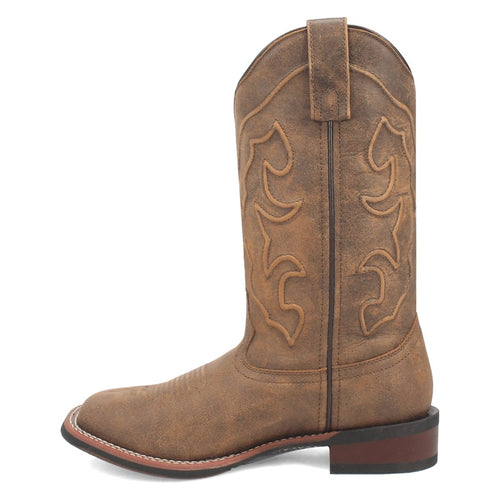 Laredo Women's Megan boots: tan leather, stitched shaft design, broad square toe, low stacked heel. Pull tab for easy wear.
