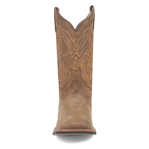 Laredo Megan boots: Tan leather, textured surface, decorative stitching. Broad square toe, mid-calf height with pointed top. Solid, flat sole.
