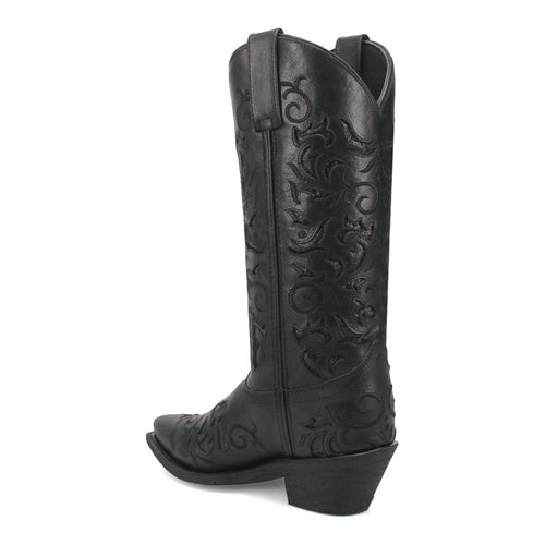 Laredo Night Sky boots: black leather, snip toe, floral stitched shaft, angled heel, smooth finish. Clean edges, slight shaft curve.
