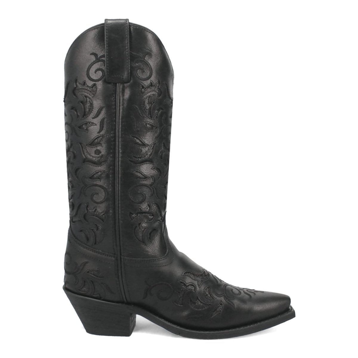 Laredo Night Sky boots: Black leather, floral-embossed upper. Tall silhouette with a snip toe. Short, block heel. Stylish western design.
