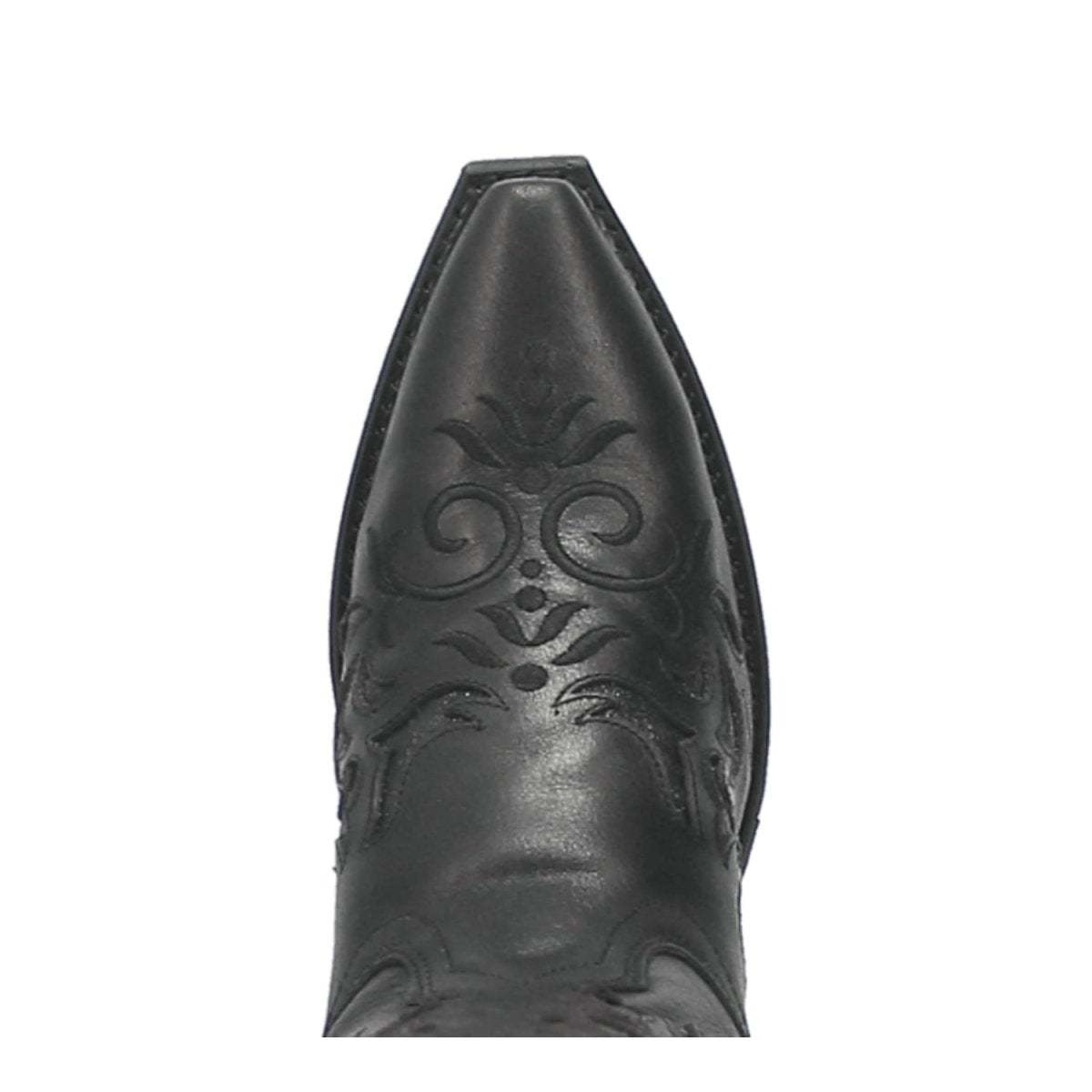 Black Laredo Night Sky women's boots. Snip toe, embossed floral shaft, polished leather. Sharp, western-style pointed toe.
