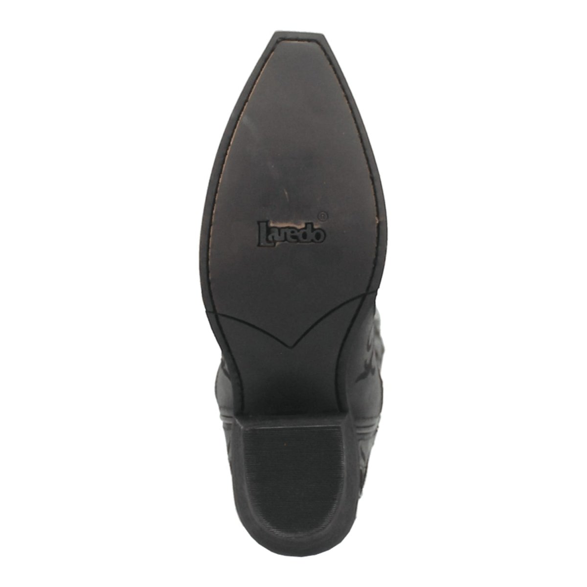 Black leather snip-toe boots. Flat sole with slight heel. Brand logo stamped on the sole. Slender, fitted traditional design.
