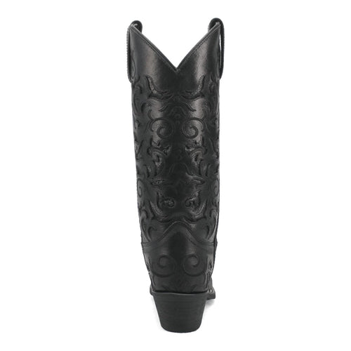 Laredo women's Night Sky boots: black leather with embossed pattern. Snip toe, angled heel, and a V-cut shaft. Stylish and unique western design.
