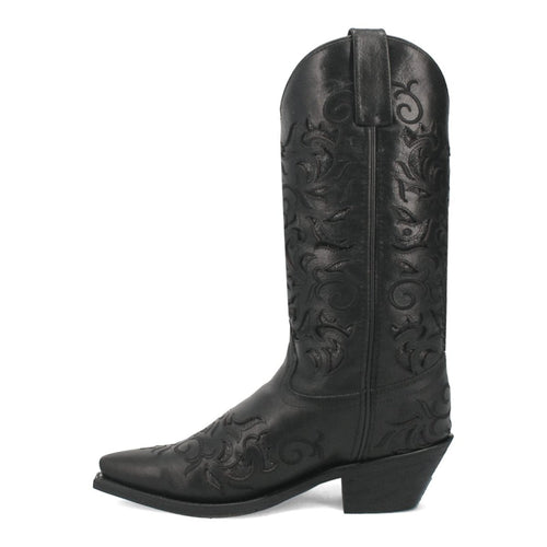 Laredo women's Night Sky boots. Black leather with floral stitching, snip toe, and a tall shaft. Block heel for stability.
